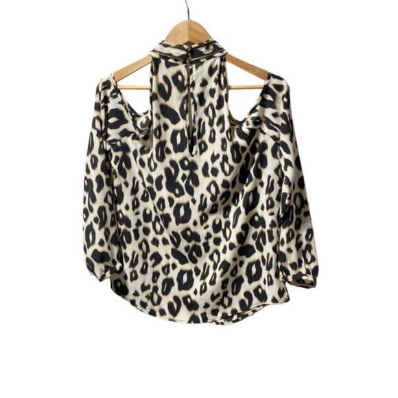 BEBE High Neck Cut Out Shoulder Flowy Leopard Print Blouse - Picture 5 of 5